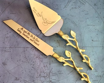 Gold Wedding Cake Knife - Personalized Wedding Cake Cutter - Engraved Cake Server Set - Custom Wedding Gift - Rustic Cake Server and Knife