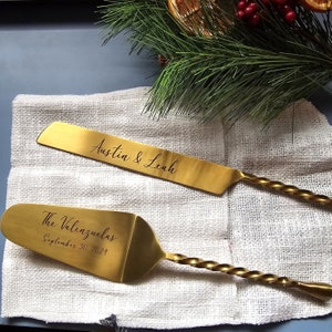 Personalized Wedding Cake Knife, Server and Fork Set -  Gold Wedding Cake Knife set with Cake Forks - Custom Wedding Cake Shovel & Cake Fork