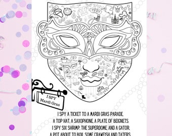 Mardi Gras I Spy Game: Kids Coloring Page (Digital Print)