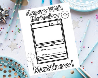 Custom Pokemon Birthday Coloring Page, Printable Card (Digital Download)