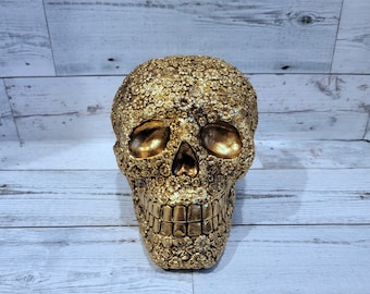 Gold Floral Skull, 24kt Skull, Floral Embellished Skull, Skull Decor, Hollywood Goth