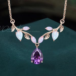 Natural Amethyst Opal Bridal Necklace Nature Inspired Pear Shaped Marquise Purple Crystal Fire Opal Leaf Twig Pendant Branch Wedding Chain