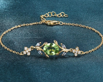 Oval Cut Natural Peridot Adjustable Bracelet Alexandrite Leaf Twig Branch Nature Inspired Moissanite Flower August Birthstone Wedding Gift