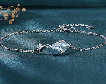 Polaris Kite Cut Natural Aquamarine Adjustable Bracelet Starburst Wrist Chain Women Sterling Silver Unique Starlight March Birthstone Gift