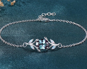 Minimalist Nature Inspired Alexandrite Oval Cut Adjustable Bracelet Fire Opal Leaf Twig Branch Wrist Chain Silver Christmas Gift For Women