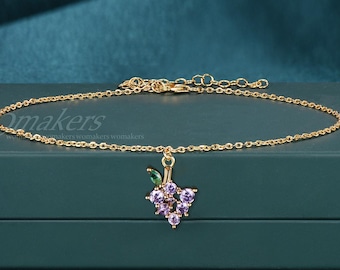 Amethyst Grape Charm Anklet, Round Purple Gemstone Cluster Adjustable Anklet, Emerald Leaf Nature Inspired Foot Jewelry 14k Solid Gold Women