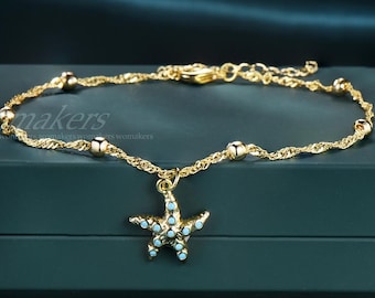 Natural Turquoise Starfish Adjustable Anklet 14k Solid Gold Ball Bead Singapore Twisted Chain Ocean Charm Summer Beach Anklet Gift For Women