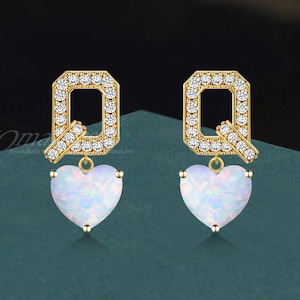 Pendientes colgantes de ópalo blanco con corte de corazón rectangular pavé, oro amarillo macizo de 14 k, ópalo arcoíris, joyería romántica moderna, regalo para mujer