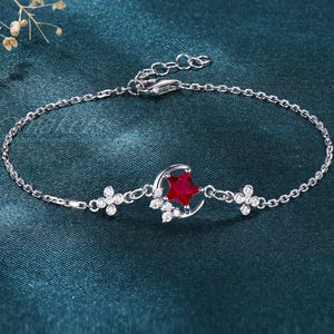 Unique Star Shaped Ruby Crescent Moon Adjustable Bracelet Girl 14k Rose Gold Delicate Moissanite Cluster Flower Red Gemstone Wrist Chain