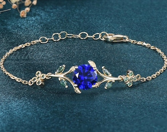 Round Cut Blue Sapphire Adjustable Bracelet Moss Agate Leaf Twig Branch Emerald Flower Nature Inspired 14k Solid Gold Linked Wrist Chain