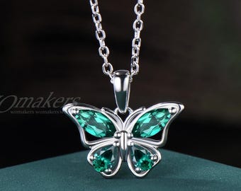 Emerald Butterfly Pendant Necklace Marquise&Pear Cut Green Gemstone 925 Sterling Silver Chain May Birthstone Dainty Wedding Gift For Her