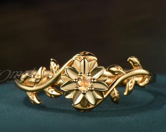 Daisy April Birth Flower Round Citrine Ring 14k Yellow Gold Jewelry Nature Inspired Floral Vine Leaf Twig Branch Dainty Ring Birthday Gift