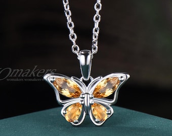 Natural Citrine Butterfly Pendant Necklace Marquise&Pear Cut Sterling Silver Chain November Birthstone Dainty Wedding Birthday Gift For Her