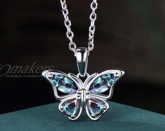 Color Change Alexandrite Butterfly Pendant Necklace Marquise&Pear Cut 925 Sterling Silver Chain June Birthstone Dainty Wedding Gift For Her