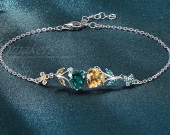 Heart Cut Emerald And Citrine Birthstone Bracelet Adjustable, Leaf Branch Flower Wrist Chain, 14k White Gold Nature Inspired Pretty Bracelet
