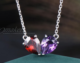 Matching Heart Shaped Natural Garnet&Amethyst Necklace Pear Cut Birthstone Couple Pendant Sterling Silver Valentine's Gift For Her Lovers