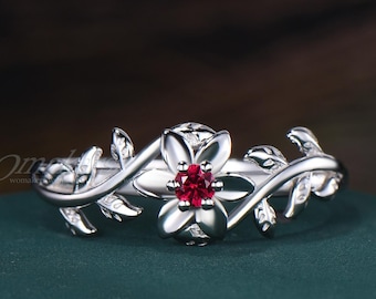 Daffodil March Birth Flower Ring July Birthstone Ruby Jewelry Nature Inspired Floral Vine Leaf Twig Branch Silver Dainty Ring Birthday Gift