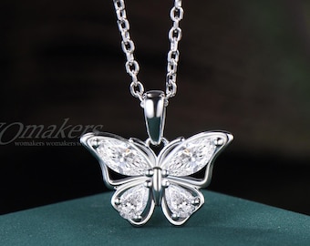 Moissanite/Lab Grown Diamond Butterfly Pendant Necklace Marquise&Pear Cut 14k White Gold Chain Dainty Wedding Birthday Gift For Her
