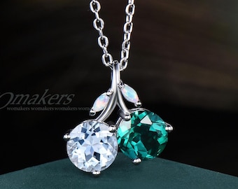 Colgante de doble piedra de corte redondo con esmeralda y aguamarina natural, rama de hoja de ópalo, oro blanco de 14 k/plata, collar con piedra de nacimiento de cereza inspirada en la naturaleza