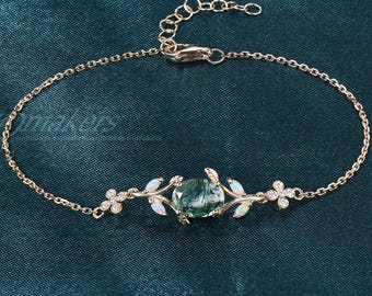Nature Inspired Oval Cut Natural Green Moss Agate Bracelet Leaf Twig Branch Aquatic Agate Adjustable Bracelet Solid Gold Wedding Gift Women