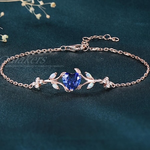 Heart Cut Blue Sapphire Adjustable Bracelet Opal Leaf Twig Branch Moissanite Flower 14k Rose Gold Nature Inspired Bracelet Birthstone Gift