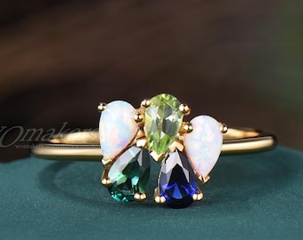 5 Stone Family Birthstone Ring, Teardrop Cut Five Gemstone Cluster Ring, Fire Opal Blue Sapphire Peridot Emerald Personalized Mother Ring