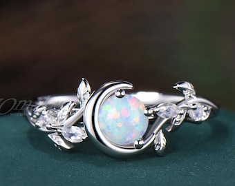 Crescent Moon Vine Round White Fire Opal Engagement Ring Moonstone Leaf Twisted Branch Nature Celestial Inspired Promise Ring 14k White Gold