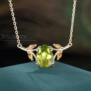 Natural Pear Peridot Marquise Citrine Pendant Necklace Teardrop Cut 14k Solid Gold Leaf Twig Nature Inspired Branch Drop Necklace Gift Women