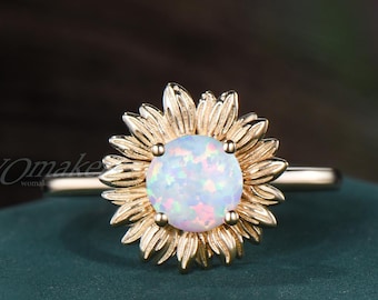 Sunflower Shaped Round White Fire Opal Engagement Ring, Solitaire Flower Ring, 14k Gold Floral Botanical Propose Ring, Nature Inspired Women