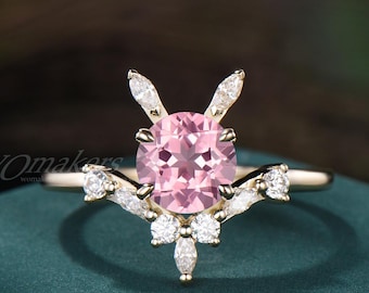 Bunny Inspired Padparadscha Pink Sapphire Round Engagement Ring V Shape 14k Gold Cute Rabbit Ring Moissanite Proposal Birthday Gift For Her