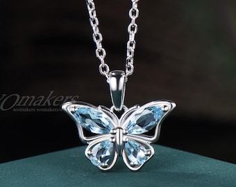 Fairy Tale Natural Aquamarine Butterfly Pendant Necklace Marquise&Tear Drop Cut Silver Chain March Birthstone Dainty Wedding Gift For Her