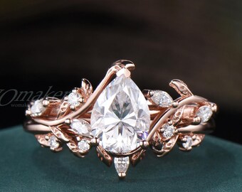 Anillo de compromiso de moissanita de 1,25 ct/diamante sintético talla pera, conjunto de anillos de boda de oro rosa de 14k con diseño de hojas y ramas de enredadera. Joyería nupcial inspirada en la naturaleza.