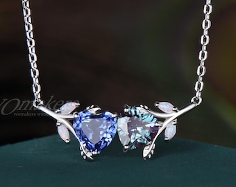 Blue Sapphire And Alexandrite Necklace Heart Shape Gemstone Chain Two Stone Pendant Opal Leaf Twig Branch Silver Birthstone Birthday Gifts
