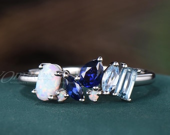 Oval White Fire Opal And Pear Cut Blue Sapphire Cluster Ring Mixed Cut Stone Asymmetrical Wedding Band 14k White Gold/Silver Ring For Women