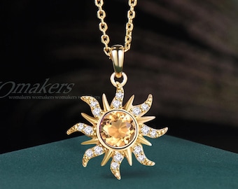 Natural Citrine Sun Necklace Tangled Inspired 14k Solid Gold Sunburst Yellow Crystal Pendant Diamond Sunlight November Birthstone Gift Women