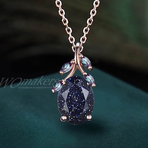 2ct Oval Cut Galaxy Blue Sandstone Necklace Pendant Branch Nature Inspired Blue Goldstone  Twig Chain Necklace 14k Rose Gold Gift For Her