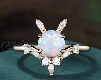 Bunny Inspired 1.2ct Round White Fire Opal Engagement Ring 14k Gold Curved Band Rabbit Ring Moissanite Proposal Birthday Gift For Her