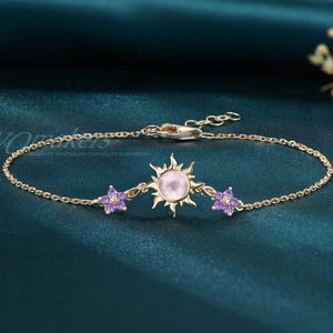 Natural Rose Quartz Tangled Sun Flower Adjustable Bracelet Amethyst Star Floral Jewelry Pink Crystal Bracelet Rapunzel Inspired Gift For Her