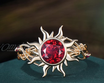 Rapunzel Sun Round Ruby Bezel Engagement Ring Citrine 14k Gold Wire Twisted Fairytale Tangled Sunburst Celestial Promise Ring Proposal Gift