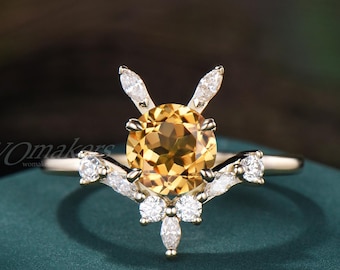 Bunny Inspired 1.2ct Round Natural Citrine Engagement Ring 14k Gold Rabbit Curved Promise Ring Moissanite Proposal Birthday Gift For Her