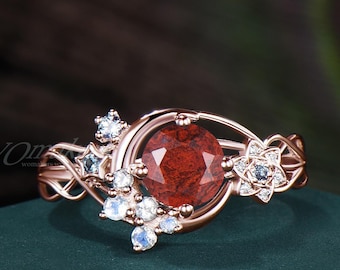 Crescent Moon Round Natural Bloodstone Engagement Ring Moonstone Stars Cluster 14k Rose Gold Shooting Star Proposal Anniversary Gift Women