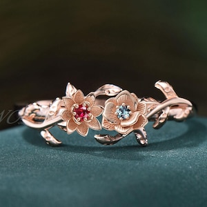 Double Birth Flower Ring Leaf Twig June Rose/ July Larkspur Alexandrite Ruby Birthstone Floral Ring Branch Vine Couple Sister Birthday Gift