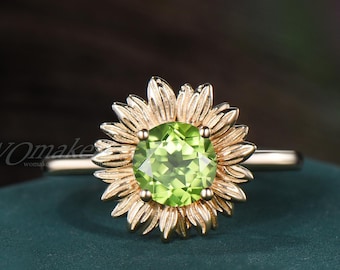 Sunflower Shaped Round Natural Peridot Engagement Ring, Solitaire Flower Ring, 10k Gold Floral Botanical Proposal Ring Nature Inspired Women