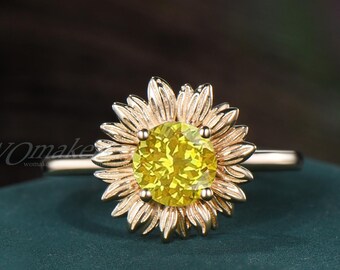 Sunflower Shape Round Yellow Sapphire Engagement Ring, Solitaire Flower Ring, 18k Gold Floral Botanical Proposal Ring Nature Inspired Women