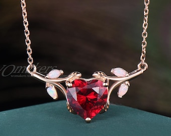 2ct Heart Cut Ruby Pendant Necklace Fire Opal Leaf Branch 18k Yellow Gold Women Twig Chain Nature Inspired Wedding Gift July Birthstone