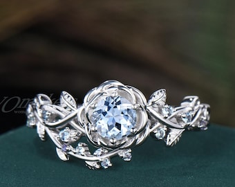Twisted Vine Rose Flower Aquamarine Round Engagement Ring Alexandrite Leaf Twig Promise Ring 14k White Gold March Birthstone Proposal Gift
