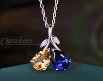 Pear Natural Citrine And Blue Sapphire Love Heart Necklace Double Teardrop Cut Birthstone Pendant Opal Leaf Gemstone Gift For Sister Mother