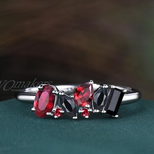 Oval Pear Shape Ruby & Black Spinel Cluster Wedding Band Mixed Cut Multi Stone Ring Unique Red Gemstone Anniversary Band Silver For Women