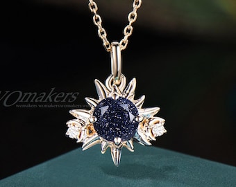 Collar con colgante de piedra arenisca azul redonda de sol y luna, joyería de galaxia celestial, collar de gota de piedra dorada azul solar con media luna y rayos de sol para mujer