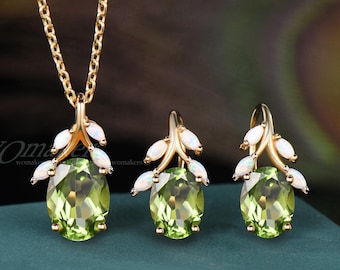 Branch Oval Cut Natural Peridot Hook Earrings Necklace Jewelry Set Opal Leaf Twig Drop Earrings Pendant Wedding Gift August Birthstone Women